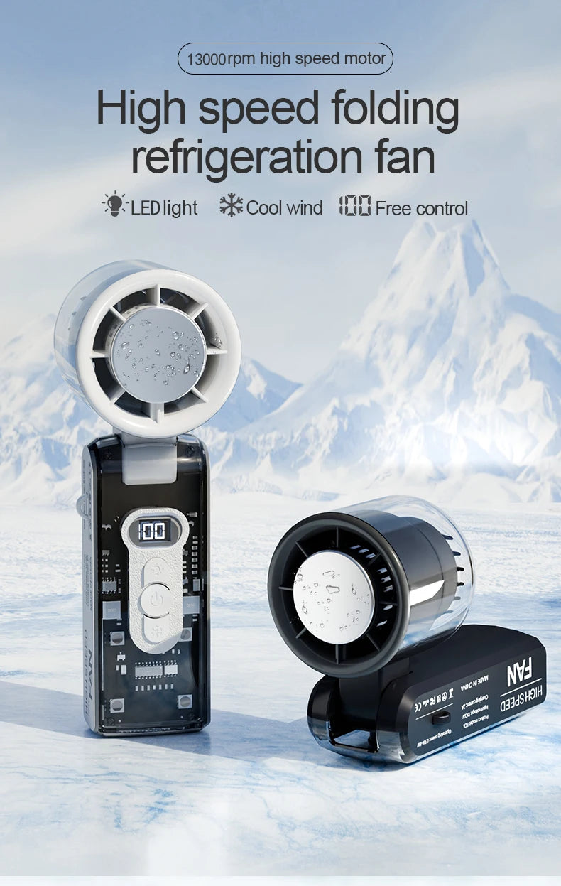 High speed folding refrigeration fan, digital display mini portable USB charging fan, high wind power handheld fan