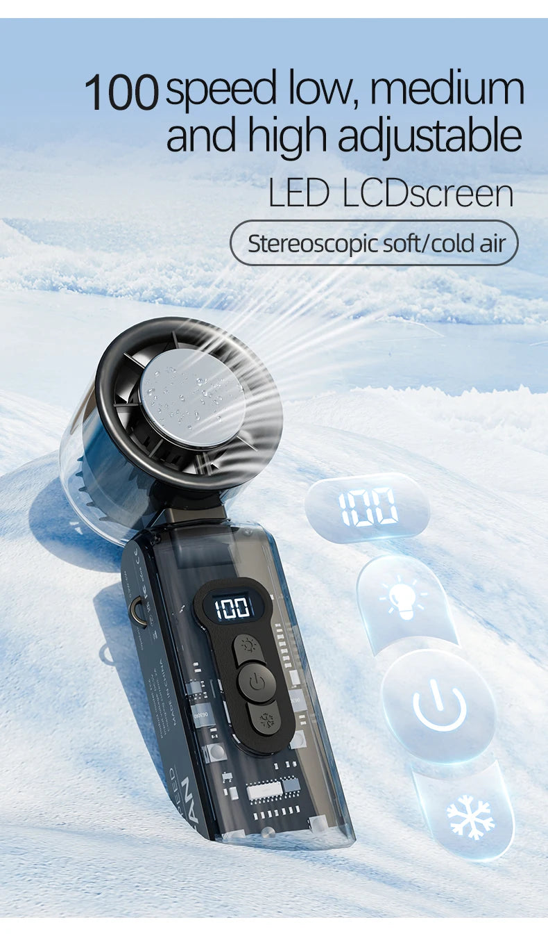 High speed folding refrigeration fan, digital display mini portable USB charging fan, high wind power handheld fan