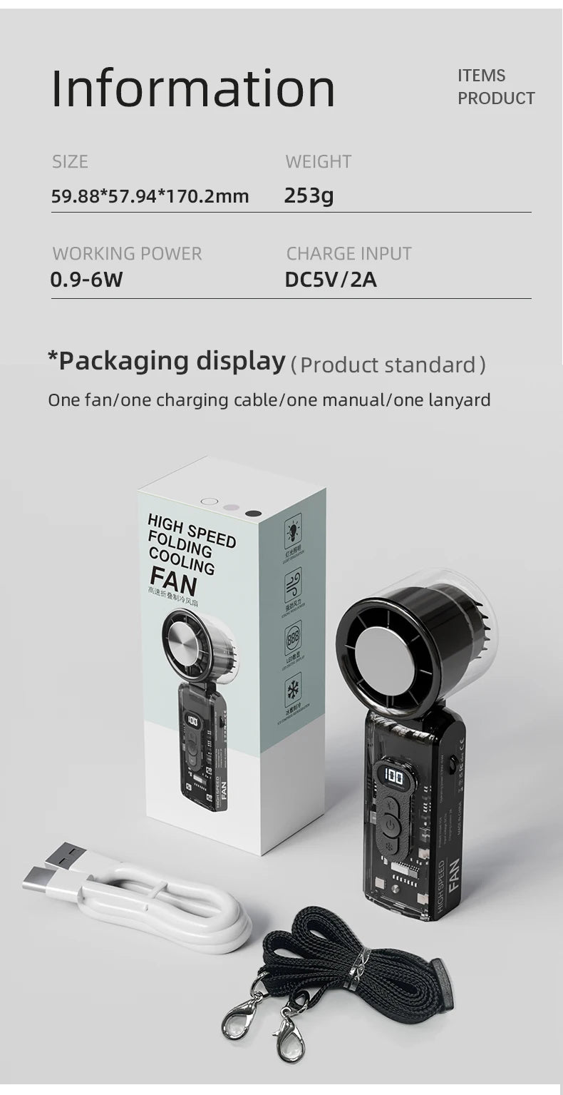 High speed folding refrigeration fan, digital display mini portable USB charging fan, high wind power handheld fan