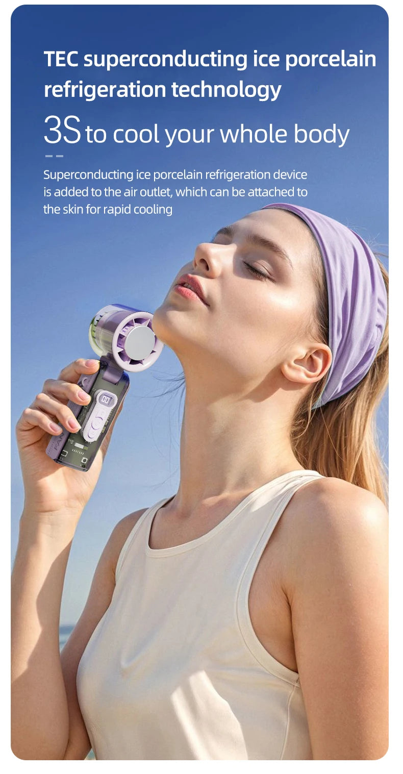 High speed folding refrigeration fan, digital display mini portable USB charging fan, high wind power handheld fan